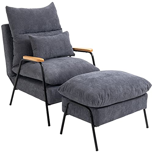 HOMCOM Relaxsessel mit Hocker Sessel mit Verstellbar Rückenlehne, Liegefunktion, Kissen, Loungesessel Modern Polstersessel mit Kord-Optik für Wohnzimmer bis 180 kg belastbar, Grau