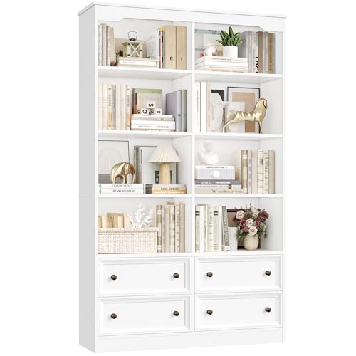 FirFurd 180 cm Bücherregal mit Schubladen, Bücherschrank mit 8 Fächern Hochschrank groß, Skandinavischer Stil, Vitrinenschrank Mehrzweckschrank für Wohnzimmer Büro Küche, 180 x 100 x 30 cm, Weiß
