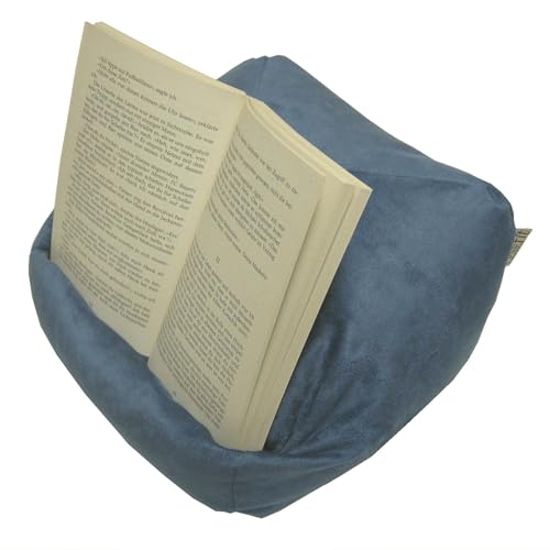 LESEfit Soft Buchkissen Lesekissen – frei formbarer Buchhalter für Bett - Handgefertigt aus Antirutsch Wildlederimitat & Mikroperlen – weich waschbar drehbar – blau matt