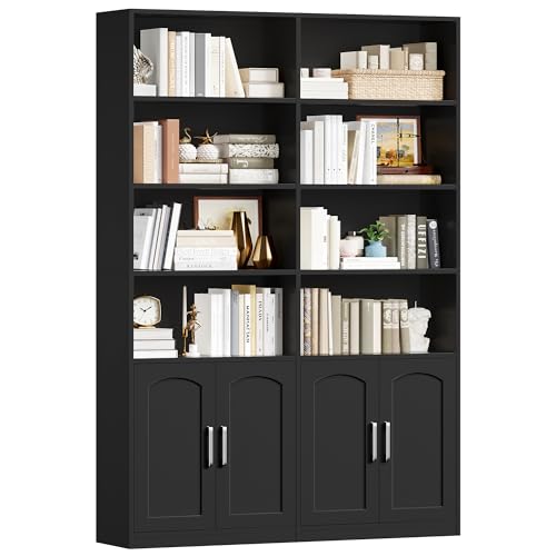 FirFurd Bücherregal Bücherschrank mit Türen Regal 12 Fächern Vitrinenschrank Standregal Hochschrank für Wohnzimmer Büro Küche 115 x 27 x 185,5 cm schwarz