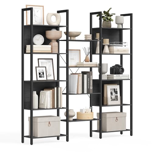 VASAGLE Bücherregal, Standregal mit 14 Ablagen, Regal mit Metallrahmen, für Wohnzimmer, Arbeitszimmer, Büro, Industrie-Design, 24 x 158 x 166 cm, ebenholzschwarz-tintenschwarz LLS107B56