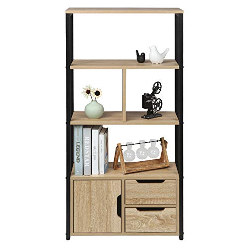 WOLTU Standregal Bücherregal Bücherschrank Küchenregal Büroregal Schuhregal Eisenrahmen Regal mit Schrank und Schubladen für Büro, Wohnzimmer, MDF Metall 58x24x120cm, Hell Eiche RGB09hei