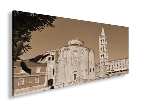 Leinwandbild Romanische Kirche und schlanker Glockenturm vor tiefblauem Himmel Panorama 120x60cm Effekt: Sepia XXL Wandbild auf Keilrahmen/Kunstdruck/Bild Wohnzimmer Dekoration