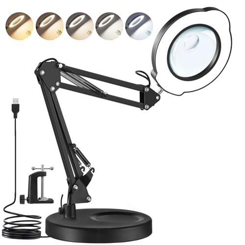 Dibaful Lupe mit Licht und Ständer 10 und 15 Fach Lupenleuchte mit Klemme | Leselupe Standlupe Lupenlampe mit 5 Farben und Stufenlos | LED Schreibtischlampe für Reparatur Arbeit und zum Lernen