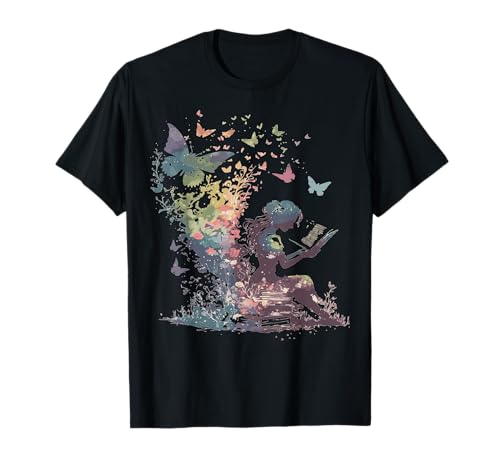 Aquarell Schmetterling Fee Lesen Buch Bibliothek Fantasy Roman T-Shirt