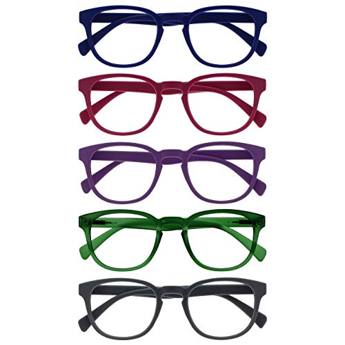 OPULIZE Pop Lesebrille 5er Pack Keck Rund Matt Rahmen Federscharniere Kratzfest Blau Rosa Lila Grün Grau Herren Damen RRRRR2-34567 +1.00