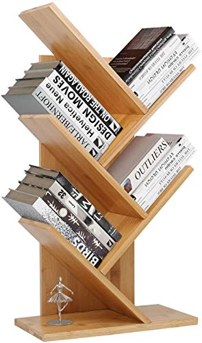 Bücherregal 4 Ebenen Raumteiler Standregal Holzregal, Standregal zur Präsentation Baumform, Raumteiler Standregal Büroregal, Standregal, CD Regal aus Holz für Wohnzimmer, 64.5x37x16cm, Bambus