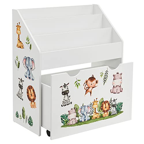 Juskys Kinder Bücherregal mit 3 Fächern & Spielzeugkiste - Holz Regal 63x30x70 cm BTH - Aufbewahrung von Büchern & Spielzeug im Kinderzimmer - Weiß