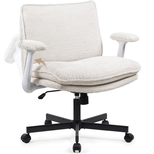 Schneidersitz Stuhl mit Armlehnen & Rollen, Ergonomisch Bürostuhl mit breitem Sitzkissen, Höhenverstellbar Schreibtischstuhl Drehstuhl mit Stoffpolsterung, Home Office Lesesessel Schminkstuhl