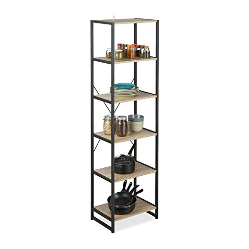 Relaxdays Standregal, hohes Bücherregal mit 6 Fächern, Regal Industrial Design, HxBxT: 180x50x35 cm, PB/Metall, braun