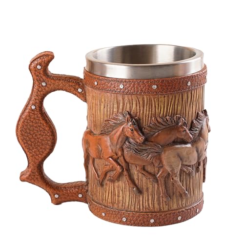 LAUGOKOBE Bierkrug aus Holz, 590 ml, Edelstahl, Pferde-Bierkrug, Kaffeetasse, Pferde-Liebhaber, Geschenke für Geburtstag, Weihnachten, Renaissance-Zubehör, Halloween-Party, Dekoration, Trinkgeschirr,