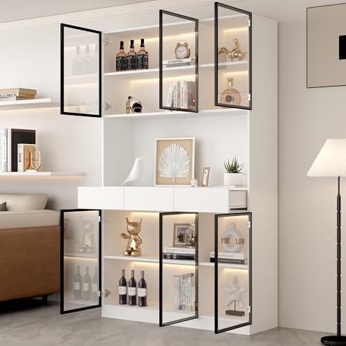 Oslghy Bücherregal Hochschrank mit LED, Bücherschrank Standregal mit Glastür & Schubladen, 200cm Hoch Buffetschrank Küchenschrank mit Stauraum Lagerregal, Weiß Würfelregal für Wohnzimmer Schlafzimmer