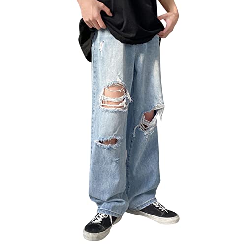 Herren-Jeans mit Zerrissen, lockere Passform, Distressed-Jeans, Stretch, atmungsaktiv, Denim-Hose, gerades Bein, Skaterhose, weite Beine, Teenager-Hose, blaue Straßenhose für Jugendliche, blau, L