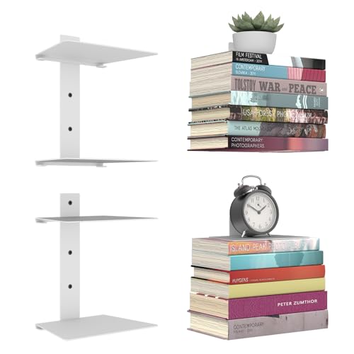 Mefirt Unsichtbare Bücherregale, 4 Stöckiger Vertikaler Bücherturm, Schwebendes Bücherregal für die Wand, Verstecktes Bücherregal aus Metall für das Schlafzimmer, Dekoration im Heimbüro, 2er Set, Weiß