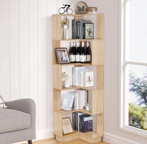 bimiti Eckregal mit 6 Ebenen, Standregal Großes Modernes Eck-Bücherregal,Industrial Regal Holz Bücherregal,Eckregal Wohnzimmer Holz, Standregal aus Bambus für Schlafzimmer, Büro,Arbeitszimmer