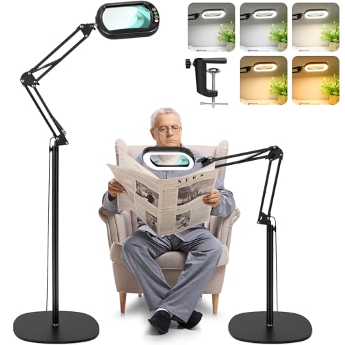 10X Lupe mit Licht und Ständer, 3-in-1 Lupen-Stehleuchte, 5 Farbmodi Dimmbar lupenlampe, leselupe für senioren groß, vergrößerungsglas Hände Frei für Malerei, Kunsthandwerk, Nähen, chließen Arbeit