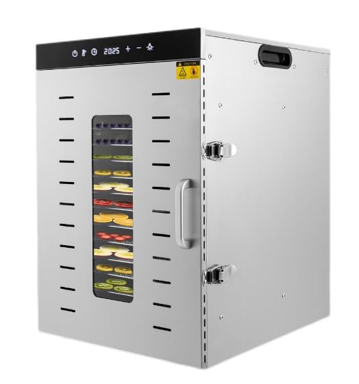 Dörrautomat Edelstahl mit 16 Edelstahlgitter 1500W Obsttrockner Dörrapparat Einstellbar 30-90°C, Timer 0,5-24h Dörrgerät Dehydrator für Gemüse Obst Fleisch Blumen