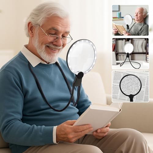 5X Hände-freie Lupe zum Umhängen,3-in-1 Tischlupe, Handlupe und Halsband-Freisprechlupe,Vergrößerungsglas für Senioren,Lesehilfe für kleine Drucke,Low Vision Senioren mit alternden Augen