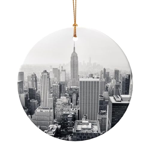 (Schwarz-Weiß-New York) Druck, 10 cm, Weihnachtsbaum, Keramik-Ornamente, Anhänger, 1 Stück, runde Weihnachtsdekoration für Romane