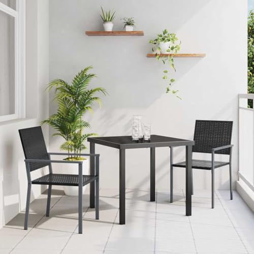 Qnhdfrt Gartenmöbel Set 3tlg Schwarz Poly Rattan Esstisch mit Glasplatte Klappstühle mit Armlehnen Langlebig und UV-beständig für Balkon klein Terrasse und Camping