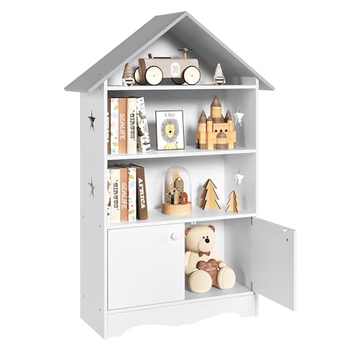 WOLTU Kinderregal Spielzeugregal mit Abschließbarer Tür, 3 Regale Bücherregal für Kinder, Mehrzweck Holz Aufbewahrungsregal im Kinderzimmer(Weiß)