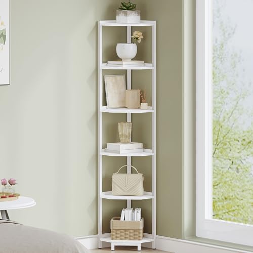 Hzuaneri Eckregal, 6-stöckiges Bücherregal, Standregal, Lagerregal, Eck-Bücherregal, Geeignet für Wohnzimmer, Arbeitszimmer und Büro, 30 x 30 x 167,5 cm, Weiß CS06013W