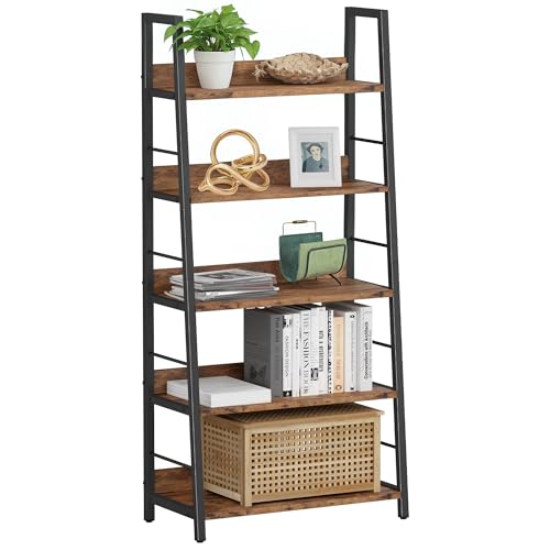 IRONCK Bücherregal, Standregal 5 Ebenen, Leiterregal Industriestil, 35x70x150cm Regal mit Stahlrahmen für Büro, Wohnzimmer, Schlafzimmer, Arbeitszimmer, Küche, vintagebraun-schwarz
