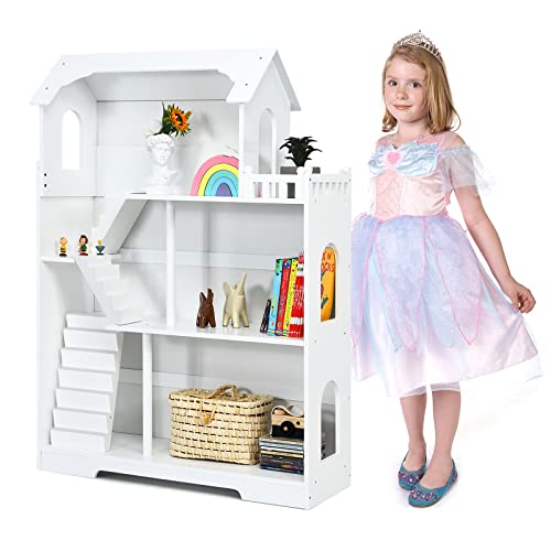 COSTWAY Aufbewahrungsregal für Kinder Holz, 2 in 1 Puppenhaus Kinder Bücherregal mit Zubehöre, Spielzeugregal mit Speicherplatz, Kinderregal Regal für Kinderzimmer Kindergeschenk, Weiß