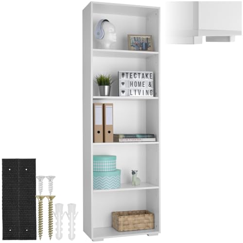 tectake® Bücherregal, Regal Holz, Standregal mit 5 offenen Fächern für Bücher, CD Regal, als Wohnwand Wohnzimmer, Home Office oder Büro, als Regal Küche oder Kinderregal - weiß
