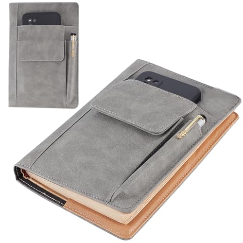 CRASPIRE Buchabdeckung PU Leder wasserdichte Buchhülle grau wiederverwendbare Buchschutz für Paperbacks Notebook Wraps mit Stifttaschen für Buchliebhaber Klassenkameraden Geschenke 6.1×8.54 Zoll