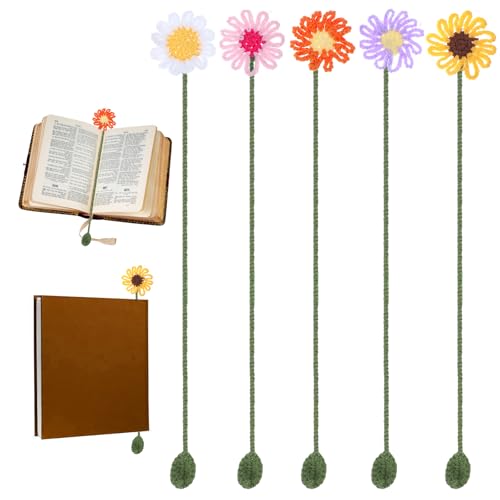 33cm Blumen Häkeln Lesezeichen 5 Stück Gehäkelt Gestrickter Lesezubehör Blumenornamente Häkelblumen Gänseblümchen Geschenk Bookmark für Leser Lehrer Studenten Buchliebhaber