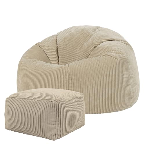 Icon Kingston Sitzsack mit Hocker Cord, Beige, Sitzsack Erwachsene mit Füllung, Bean Bag, Cord Sessel, Lounge Sessel, Lounge Stuhl, Schlafzimmer, Wohnzimmer, Wohnzimmer Möbel