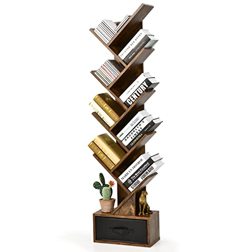 COSTWAY Bücherregal mit Schublade, 8-stöckiges Standregal, in Baumform, CD- und DVD-Regal, für Schlafzimmer, Wohnzimmer und Heimbüro, 38 x 21,5 x 149,5 cm (Rustikales Braun)