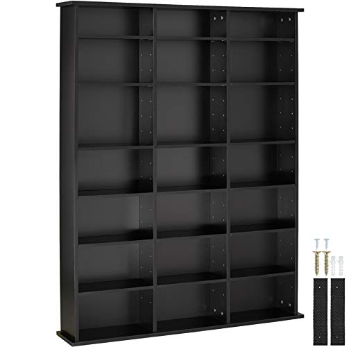 tectake® CD Regal, DVD Ständer, Medienregal, Raumteiler Schrank Mit Kippschutz, 18 Einstellbare Zwischenböden, Manga Aufbewahrungssystem - Schwarz