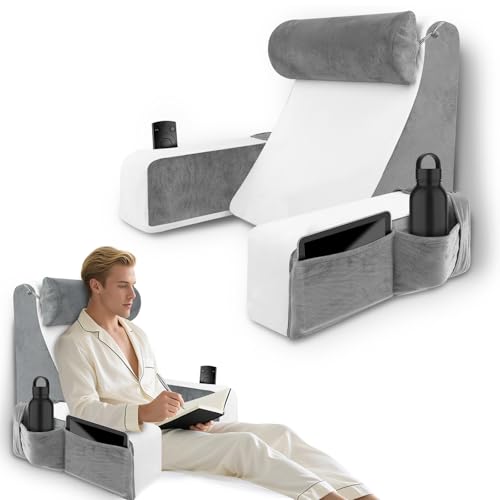 HOMCA Lesekissen für Bett und Sofa Bücherkissen mit Abnehmbarer Nackenrolle & Armlehne, Rückenkissen Bett, Wandkissen Multifunktions-Keilkissen zum Lesen, Arbeiten, Fernsehen, 38x47x57cm