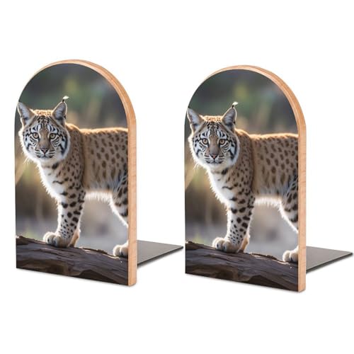 Wild Bobcat Buchstützen aus Holz, dekorativ, rutschfest, klassische Universal-Buchstützen mit Metallsockel, Mehrzweckbogen, robuste Buchstützen für Zuhause, Büro und Bibliothek