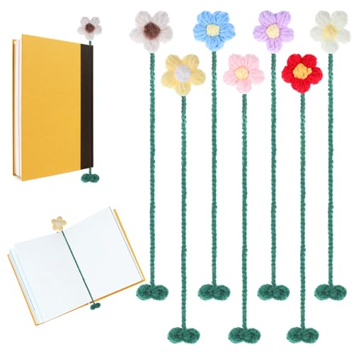 XLIUAX 7 Stück Häkeln Blumen Lesezeichen, Gestrickter Gänseblümchen Lesezeichen Handgefertigt Sonnenblumen Strickvorhang Krawatte für Buchliebhaber Leser Lehrer Studenten Frauen