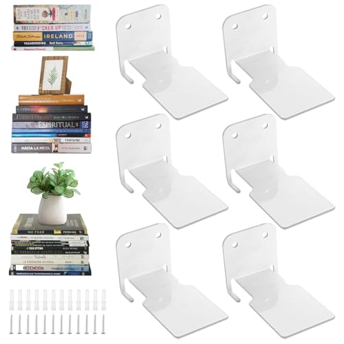 Oungy 6 Stück Unsichtbares Bücherregal Schwebendes Bücherregal mit Montagematerial Metall Wandregal Bücher Robuste Bücherregals Wand Hängend Mehrzweck Bücher Wandregal für Büro Küche Wohnzimmer (Weiß)