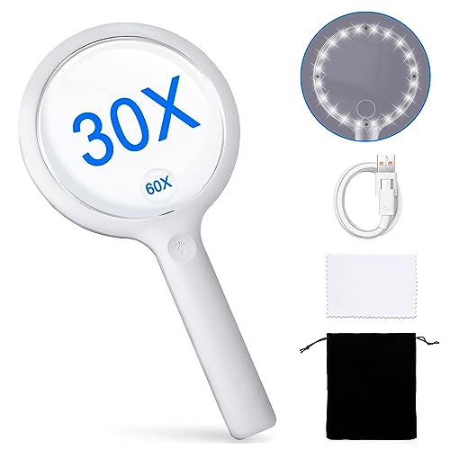 Lupe mit licht, leselupe mit licht 30X 60X für senioren groß mit 20 LEDs USB Wiederaufladbar 3 Lichtmodi, Leichtgewicht Vergrößerungsglas mit Brillenputztuch, Lupe für Sehschwäche (Weiß)