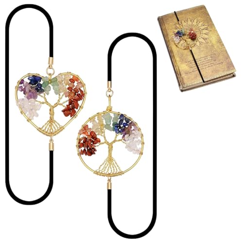 2 Stück Elastische Lesezeichen, Chakra Lesezeichen, Kristall Heilstein Vintage Metall Lesezeichen, Lebensbaums Bookmark für Buchliebhaber, Handgefertigt Buchzubehör, Bookmark Geschenk