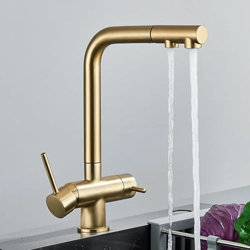 YCVAWEOD Gebürstetes Goldener Küchenarmatur mit 360 ° Rotation Dual Sprayer Messingreiniger für Gefäßspüle Stilvoller Trinkwasserhahn modernes Design LWX