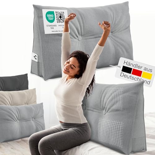 ELONEO Rückenkissen 70 cm breit, Keilkissen für Bett und Sofa geeignet, dreieckiges Lesekissen, Kissen mit abnehmbarem und waschbarem Bezug, mit praktischem Seitenfach