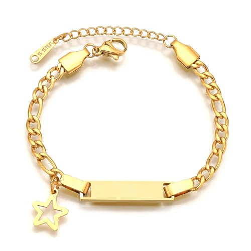 JewelryWe Personalisiert Armband Kinder Figarokette: Gold Edelstahl Poliert Pentagramm Stern Figaro Kette Kinderarmband Babyarmband Armkette mit Gravur für Junge Mädchen Baby