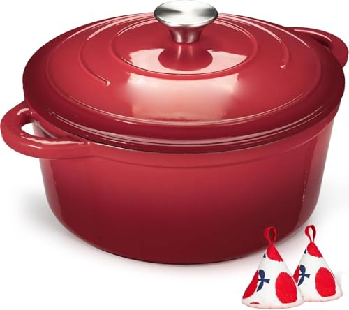 Schmortopf Gusseisen Topf 26cm - Emaille Bräter mit Deckel backofengeeignet - mit Kochbuch - für Küche Backen Schmoren Braten Rot