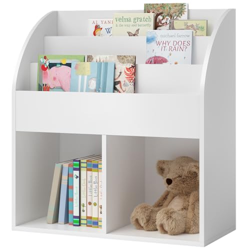 Bellabino Koro Bücherregal Kinder – Regal Kinderzimmer mit 3 Fächern für Bücher – Montessori Kinderregal mit 2 Ablagefächern – Spielzeugregal Aufbewahrung Weiß – Spielregal aus Holz 79 x 34 x 72 cm