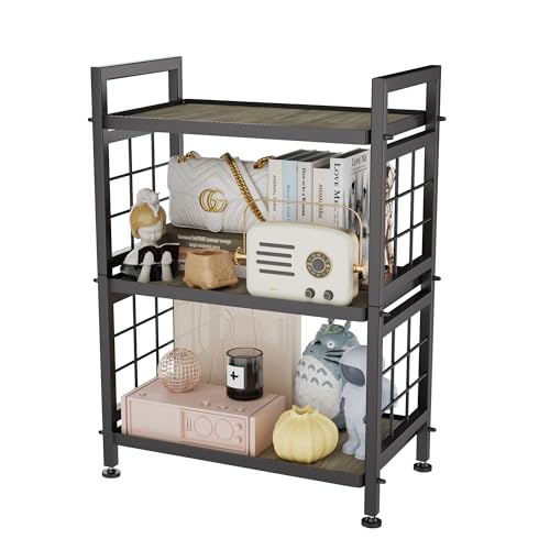 GIOTORENT 3-stöckige Speisekammerregale mit Holzbrettern, robuste Lagerregale & Bücherregal, verstellbares Metallregal für Küche, Badezimmer, Wäsche-Organizer, stabil, rostfrei, schwarz