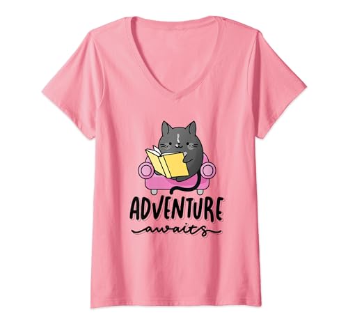 Damen Adventure Awaits | Cozy Murder Mystery Cat liest ein Buch T-Shirt mit V-Ausschnitt