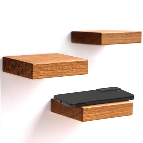 Kardamov Studio 3er Set Mini-Wandregale, Kleine Natürliche Holz Schweberegale, Moderne Deko Handgefertigte Regale aus Massiver Eiche, Minimalistische Mehrzweck Pflanzenregale