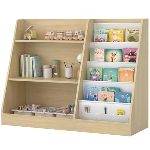 Huhote Kinderregal mit 4 Ablage und 3 offenen Fächern, Bücherregal für Kinder, Kinderzimmerregal, Bücherregal Aufbewahrungsregal für Kinder, Spielzeug-Organizer für Spielzimmer, 80x30x67.5 cm (Eiche)