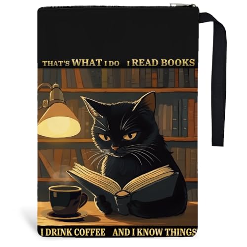 Hobbspring 1 Stück Taschenbuch Buchumschläge 34x24cm Schwarze Katze Buchtaschen Buchhülle Mit Reißverschluss Und Vordertasche Ich lese ein Buch Ich trinke Kaffee Tiere Buchschutz Für Zurück zur Schule